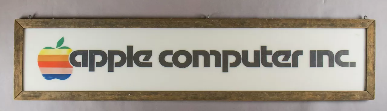 The first trade sign used by Apple Computer Inc. ca. 1976. The sign was first used by founders Steve Jobs and Steve Wozniak at various local trade shows, and then was displayed outside the fledgling company's Cupertino, Ca. img#2