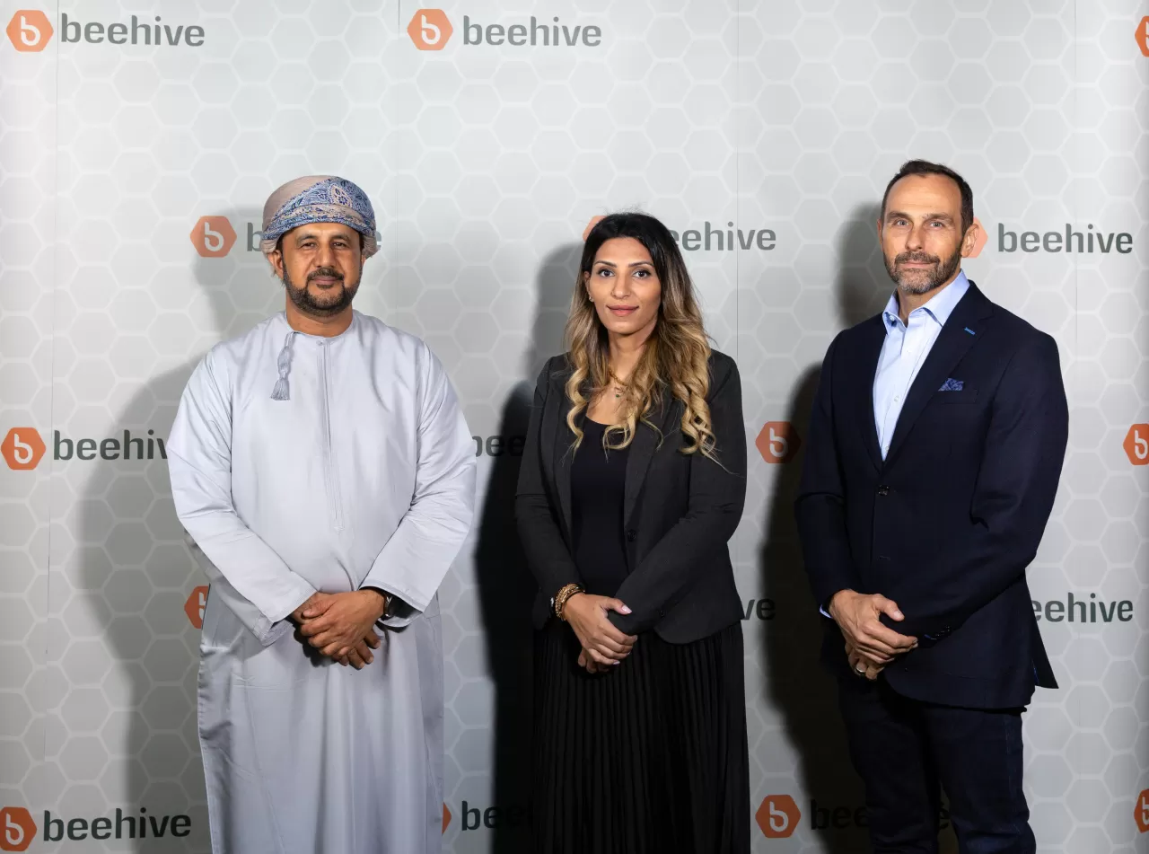 Deputy Head of Public Authority for SME Development, Mr. Abdul Aziz Al Reesi; Oman Country Manager of Beehive, Mayan Al Asfoor; and CFO & COO of Beehive, Peter Tavener. img#1