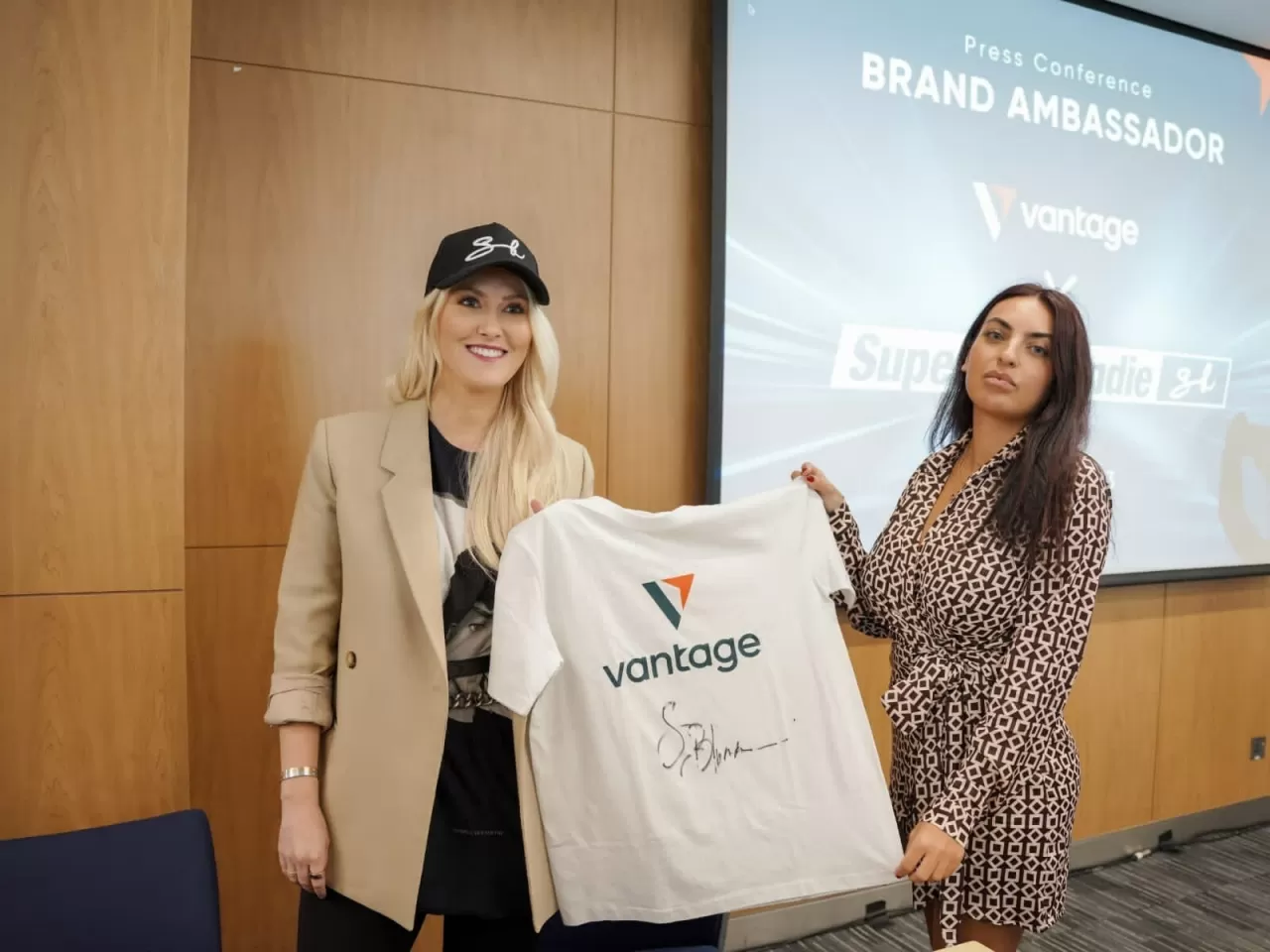 Alexandra Mary Hirschi from Supercar Blondie, and Nadine Azzam, Head of MENA for Vantage, at the signing ceremony and press conference held on 18 January in Dubai. img#1