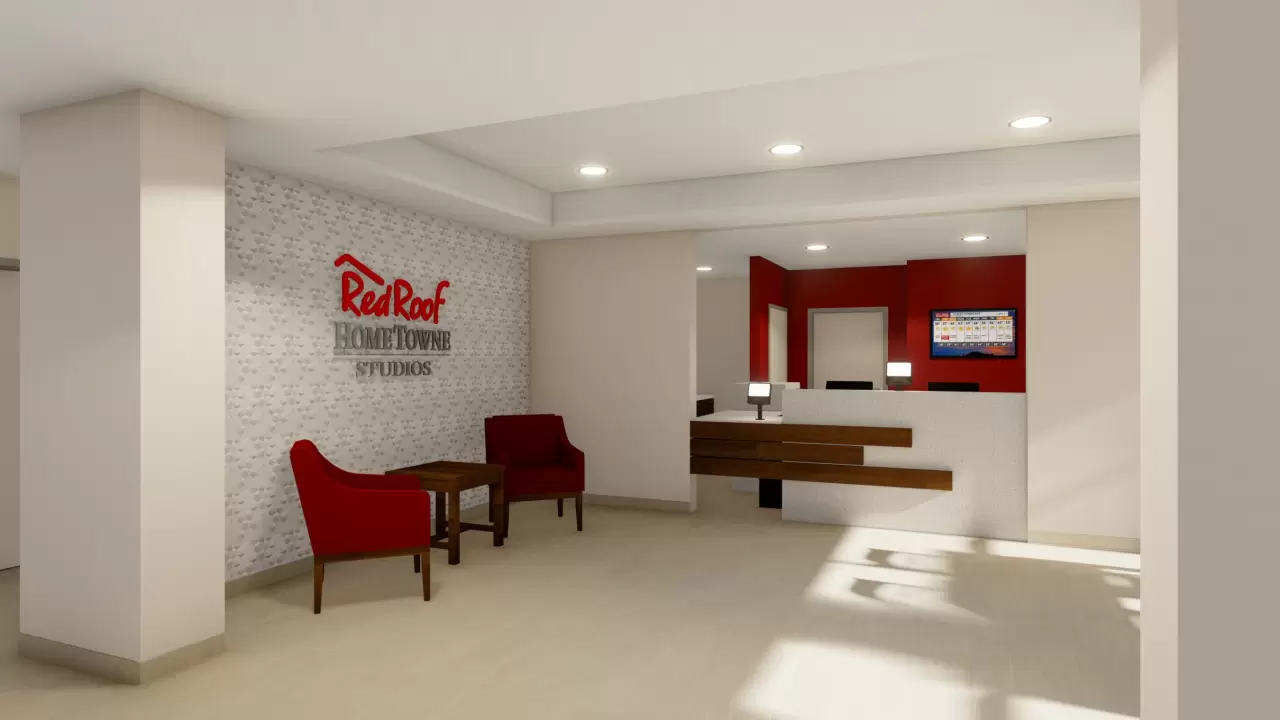 The new dual branded prototype, Red Roof and HomeTowne Studios, combines the efficiencies of a shared lobby and common area, and brings together the design advantages of modern Red Roof hotel rooms with efficient, img#2