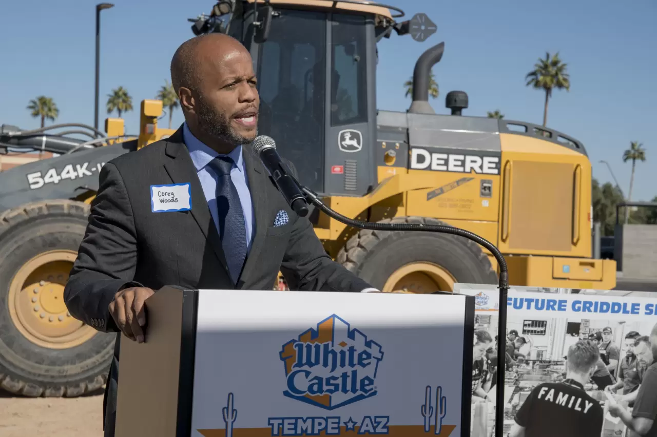 Tempe, Arizona, Mayor Corey Woods speaks at the groundbreaking ceremony for the new White Castle restaurant that will open in the first half of 2023. The Tempe Castle will be White Castle's second location in Arizona. img#2