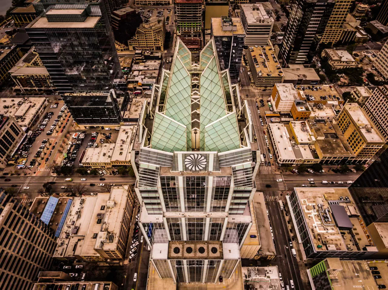Austin Texas Aerial Drone Photograph of the Frost Bank Tower Building aka The Owl Building by Helios Visions Professional Commercial Drone Services. img#1