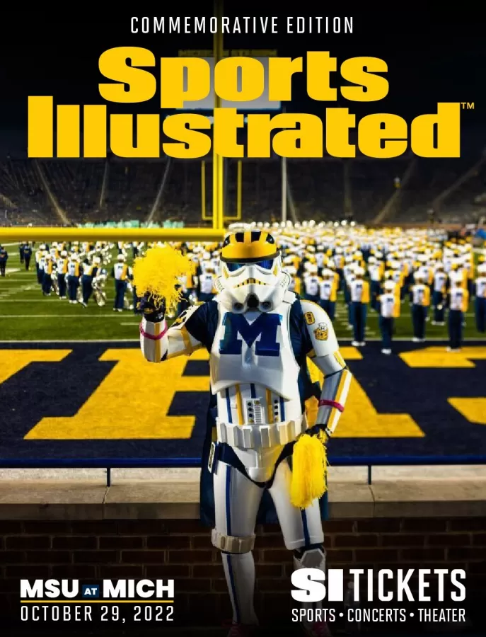 Univ. of Michigan SuperFan, wolverinestrooper, posing in the back of the end zone at Michigan Stadium prior to the annual Paul Bunyan Trophy football game between in-state rivals, host Wolverines and Michigan State Spartans img#1