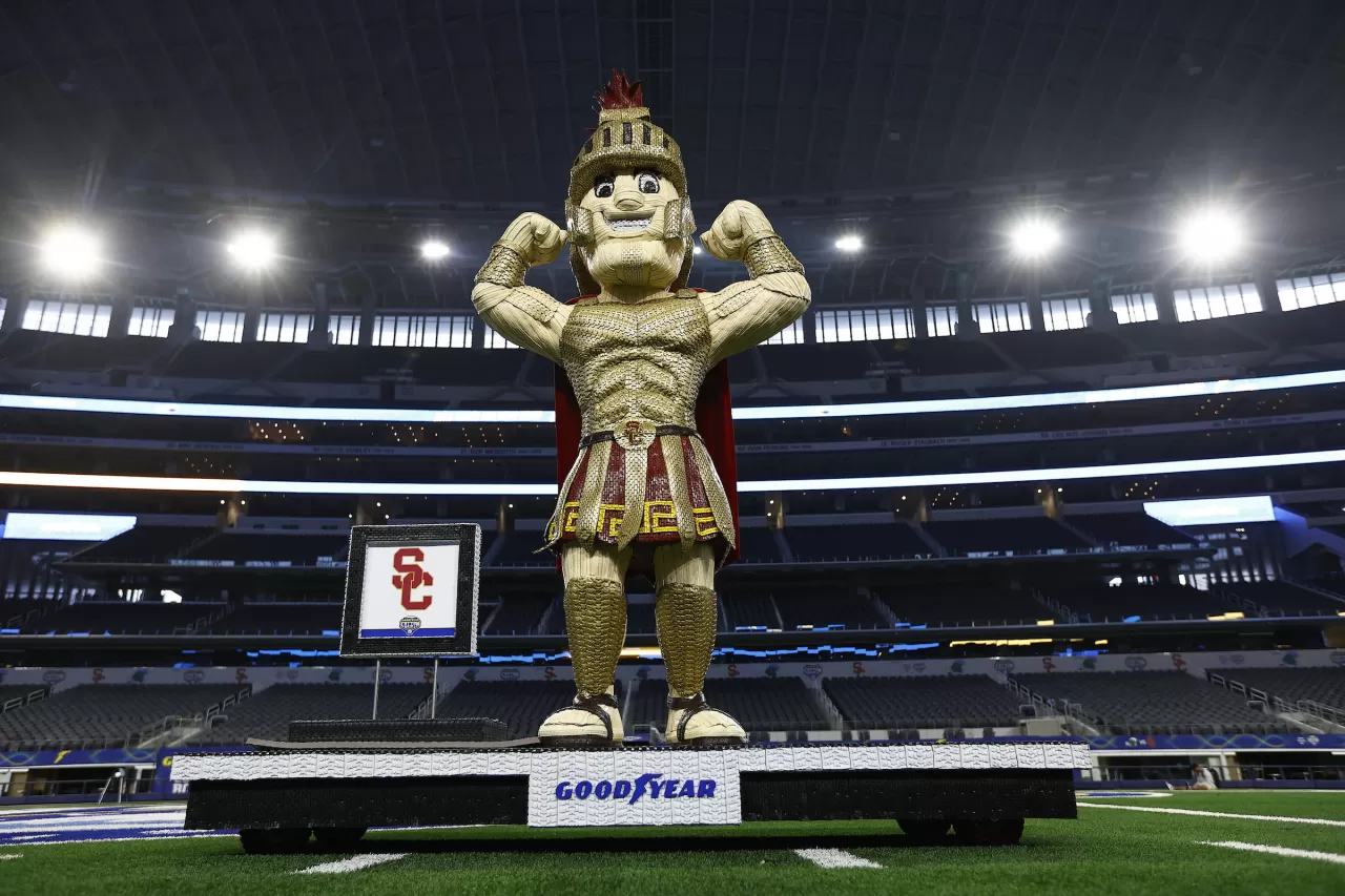 Goodyear introduces tire sculpture of The University of Southern California’s mascot, Tommy the Trojan, on Thursday, Dec. 29 at AT&T Stadium in Arlington, Texas. Standing at 7 feet 2 inches tall and weighing 225 pounds, img#3