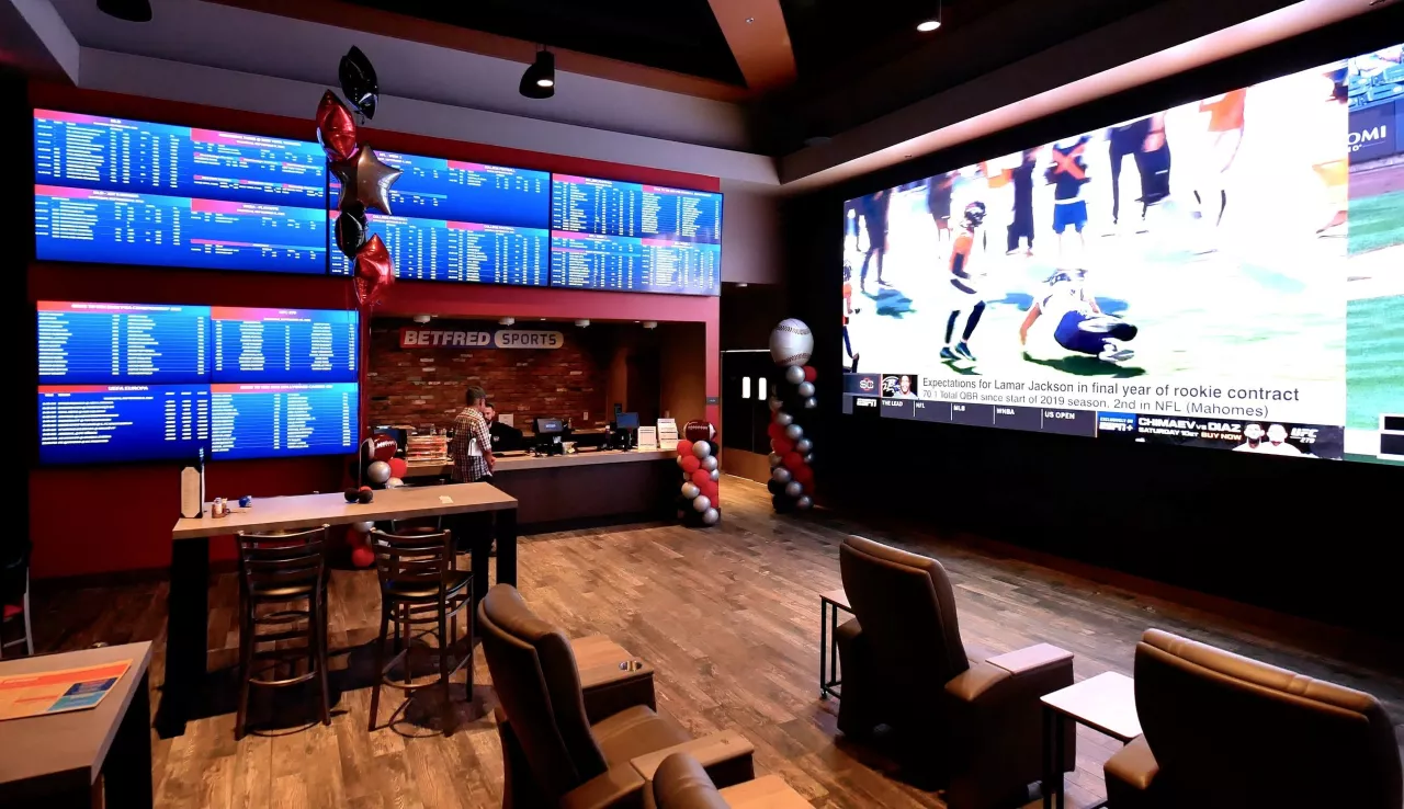 Powered by Betfred Sportsbook, the WKP Sportsbook boasts a massive Planar 4K direct view LED video wall (47' wide by 9' tall) and displays, a cashier stand with wagering terminals, and strategically located betting kiosks. img#1