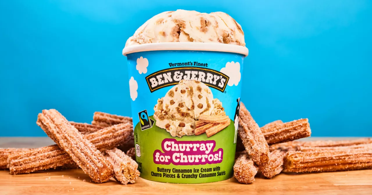 Ben & Jerry's latest ice cream innovation, Churray for Churros™, celebrates all the best components of a churro: crunchy buttery texture, cinnamon, and sugar. The result is a perfect translation from the hot, fried cinnamon sprinkled baked good experience into a decadent ice cream. img#3