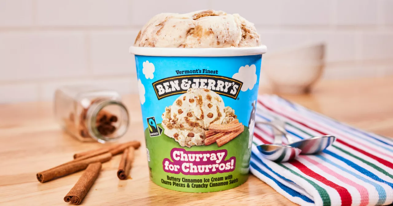 Ben & Jerry's latest ice cream innovation, Churray for Churros™, celebrates all the best components of a churro: crunchy buttery texture, cinnamon, and sugar. The result is a perfect translation from the hot, fried cinnamon sprinkled baked good experience into a decadent ice cream. img#1