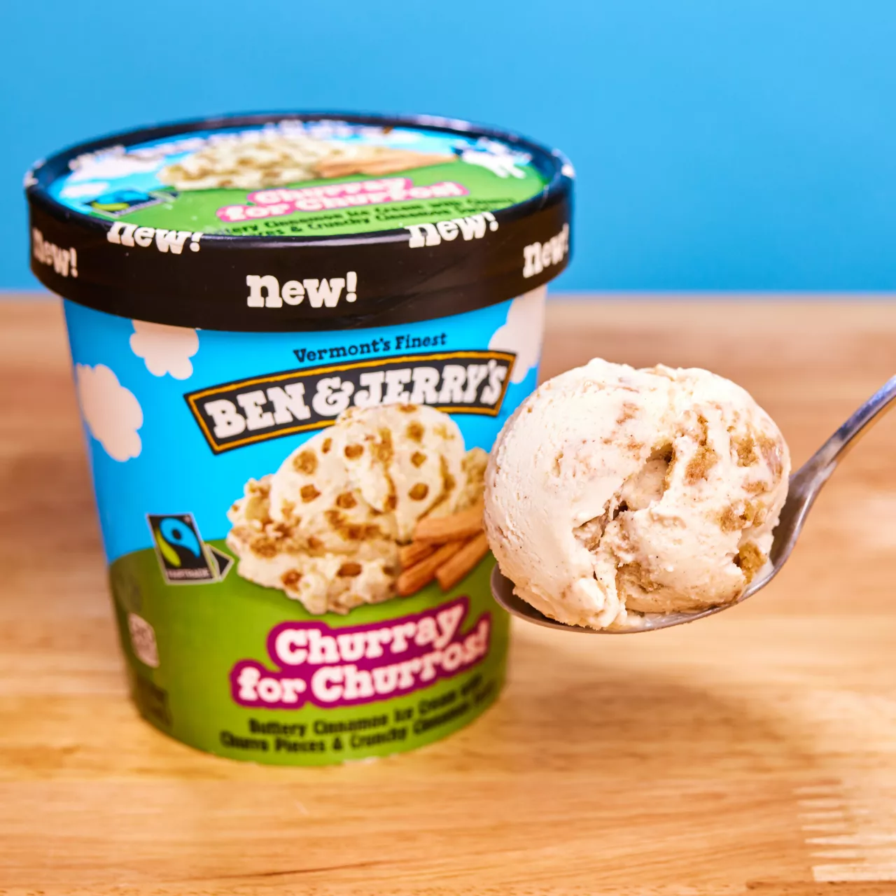 Ben & Jerry's latest ice cream innovation, Churray for Churros™, celebrates all the best components of a churro: crunchy buttery texture, cinnamon, and sugar. The result is a perfect translation from the hot, fried cinnamon sprinkled baked good experience into a decadent ice cream. img#2
