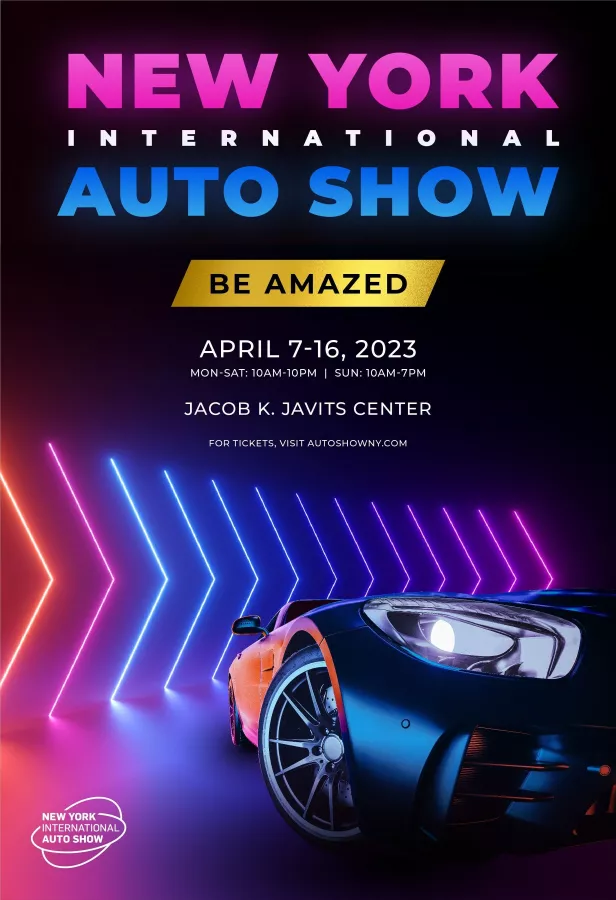"BE AMAZED": The 2023 New York International Automobile Show poster, revealed today, This year's poster celebrates the rapid acceleration of automobile technology with a bold, high-performance vehicle extending out from the poster, with vibrant pink fonts and neon colors that draw the eye and convey energy and power. img#1