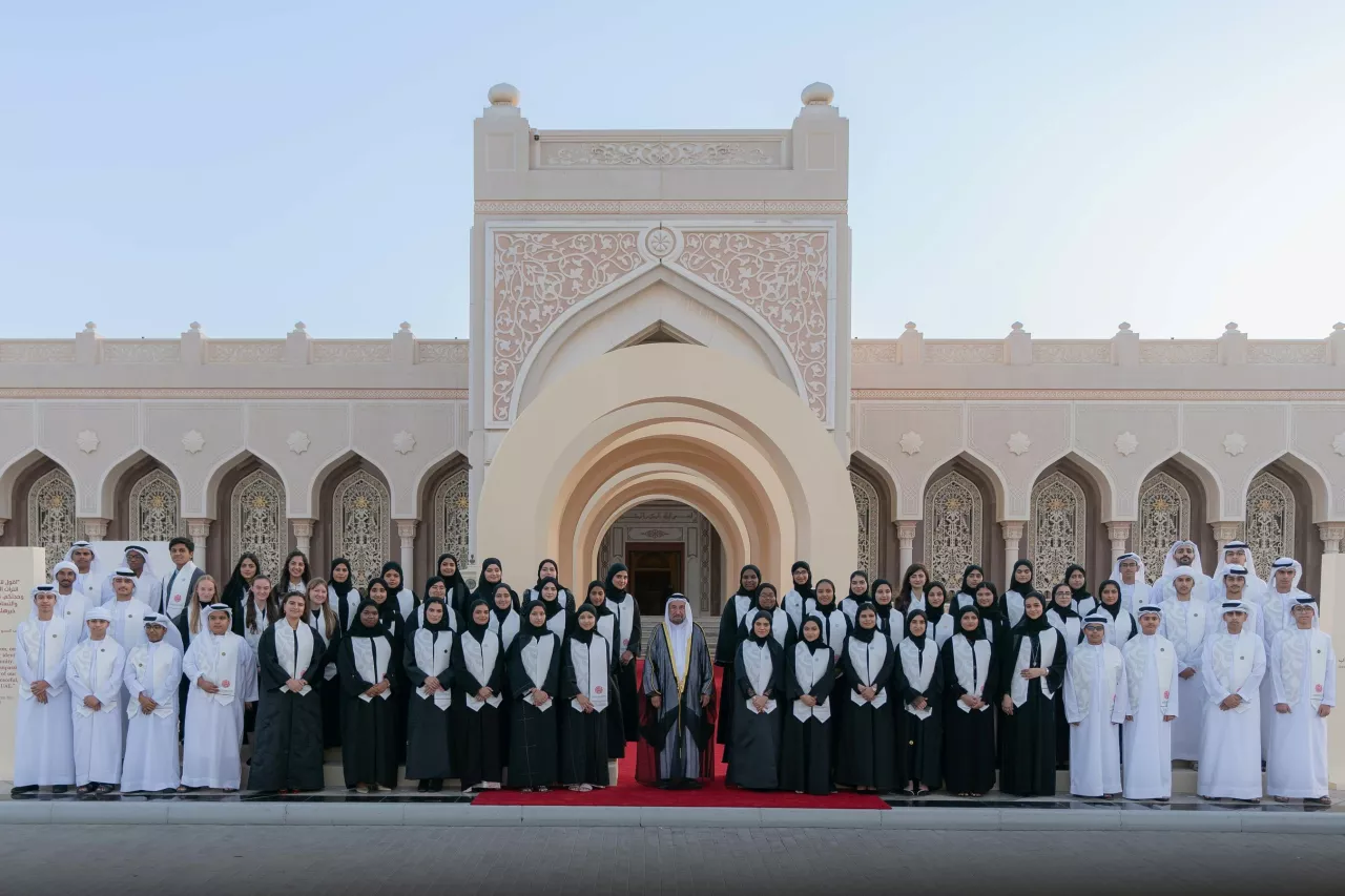 His Highness Sheikh Dr. Sultan bin Mohammed Al Qasimi, Supreme Council Member and Ruler of Sharjah, in a group picture with the winners of the third edition of the Sheikh Sultan Award for Celebrating the Spirit of Youth img#1