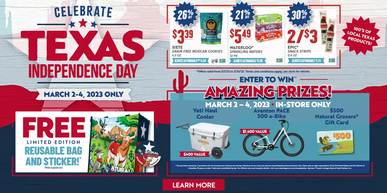 Natural Grocers is proud to celebrate Texas customers and brands with freebies, sales, sweepstakes and more. img#1
