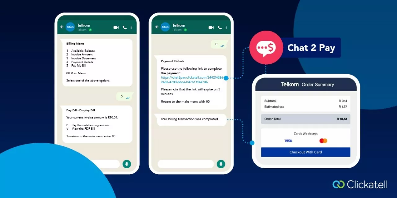 Responding to the growing demand for fast, digital,& self-help services,& Telkom& now deploys to its customers Clickatell’s Chat 2 Pay pay-by-link capability in WhatsApp. img#1