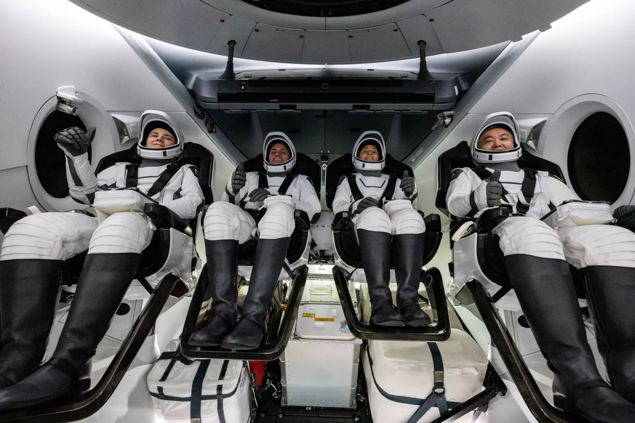 Roscosmos cosmonaut Anna Kikina, left, NASA astronauts Josh Cassada and Nicole Mann, and Japan Aerospace Exploration Agency (JAXA) astronaut Koichi Wakata, right, are seen inside the SpaceX Dragon Endurance spacecraft onboard the SpaceX recovery ship Shannon shortly after having landed in the Gulf of Mexico off the coast of Tampa, Florida, Saturday, March 11, 2023. Mann, Cassada, Wakata, and Kikina are returning after 157 days in space img#1