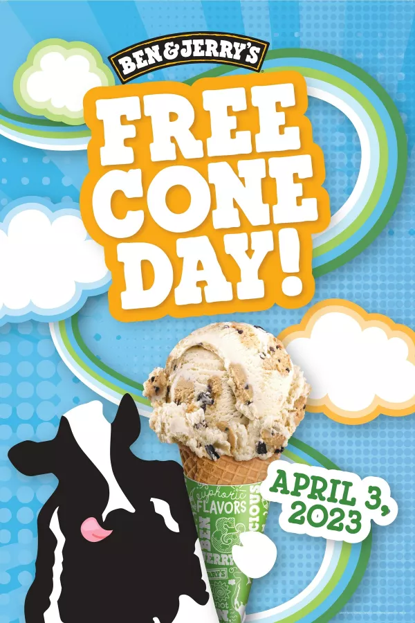 Ben & Jerry's Free Cone Day is back! Free scoops will be handed out across the world to thank fans for their on-going support. Cones at the ready, it promises to be bigger than ever on Monday, April 3, 2023. img#1