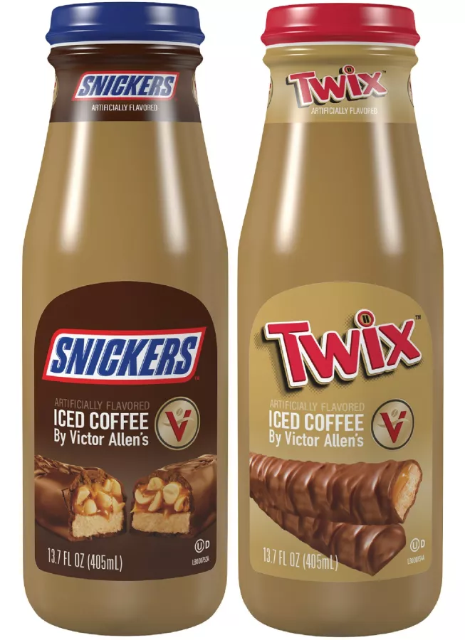 Victor Allen’s® SNICKERS™ and TWIX™ Iced Coffee Ready-to-Drinks are available now nationally including Walmart in 13.7oz bottles. img#1