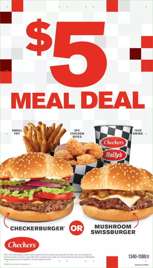 Checkers & Rally’s commemorates the season with a new $5 Meal Deal. Choose between a fully dressed Checkerburger (or Rallyburger) loaded with fresh toppings or, for a limited time, a Mushroom Swissburger, plus eight white meat Chicken Bites, a small order of its Famous Seasoned Fries and a 16-ounce drink. The Mushroom Swissburger is part of the $5 Meal Deal for a limited time, and includes Checkers & Rally’s hand-seasoned 100 percent beef img#2