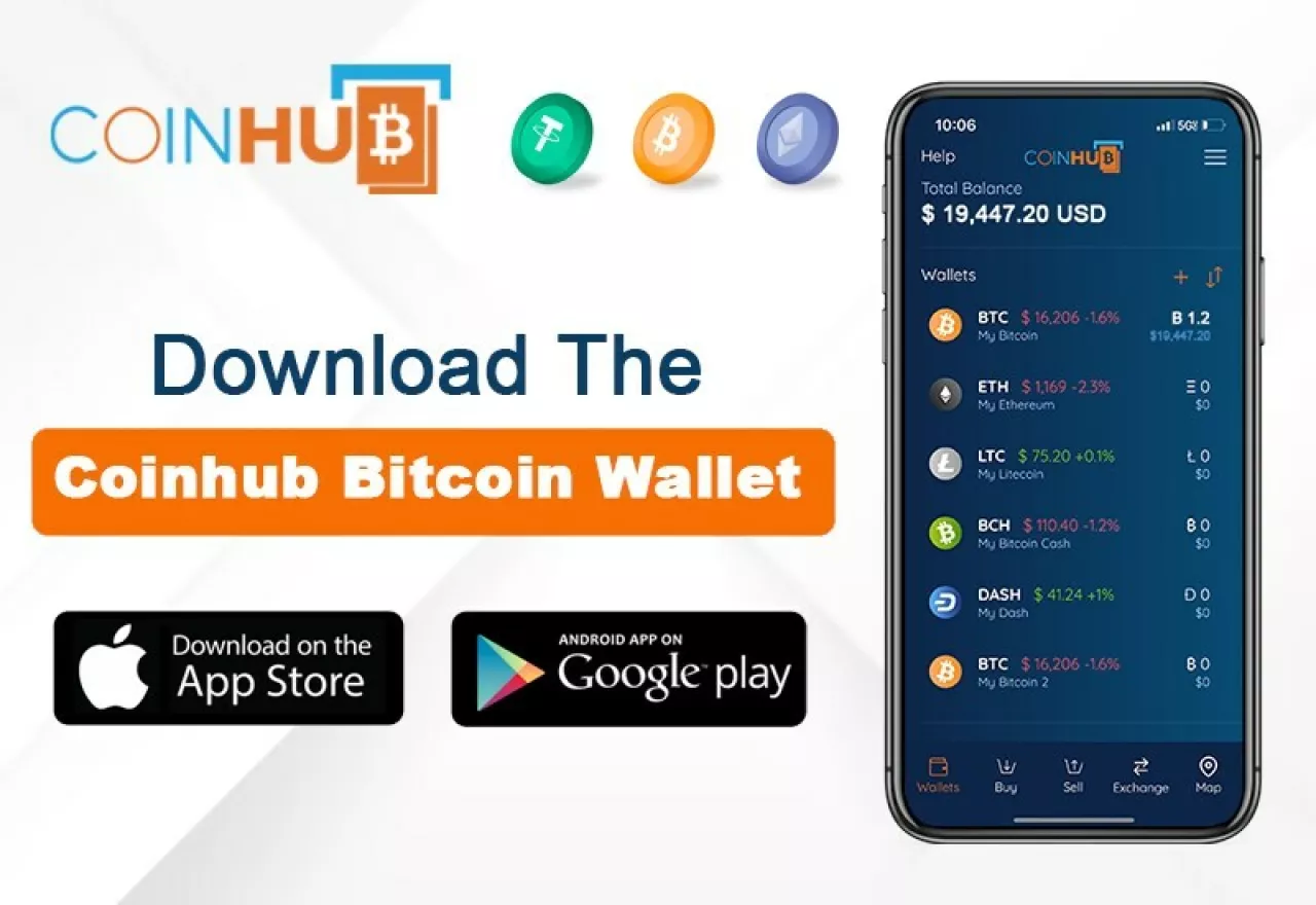 The Coinhub Bitcoin Wallet is available on the Apple APP Store and Google Play Store img#2