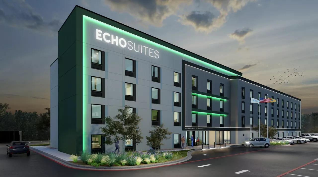 ECHO Suites Extended Stay by Wyndham remains the hospitality industry’s fastest growing brand launch in the past year, surpassing 200 hotels in its pipeline. Above, an exterior rendering of the 124-room ECHO Suites prototype. img#1