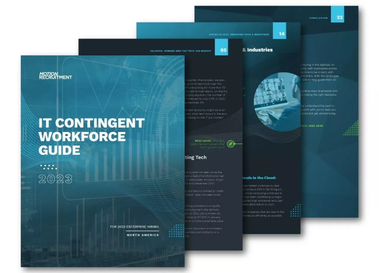 The 2023 IT Contingent Workforce Hiring Guide is a report featuring pay rate trends, industry data and market expert advice in hiring and retaining contract workers. This spin-off of Motion’s Tech Salary Guide shares the latest strategies for navigating the uncertain marketplace, attracting top talent and finding success alongside contingent workers as an enterprise employer. img#1