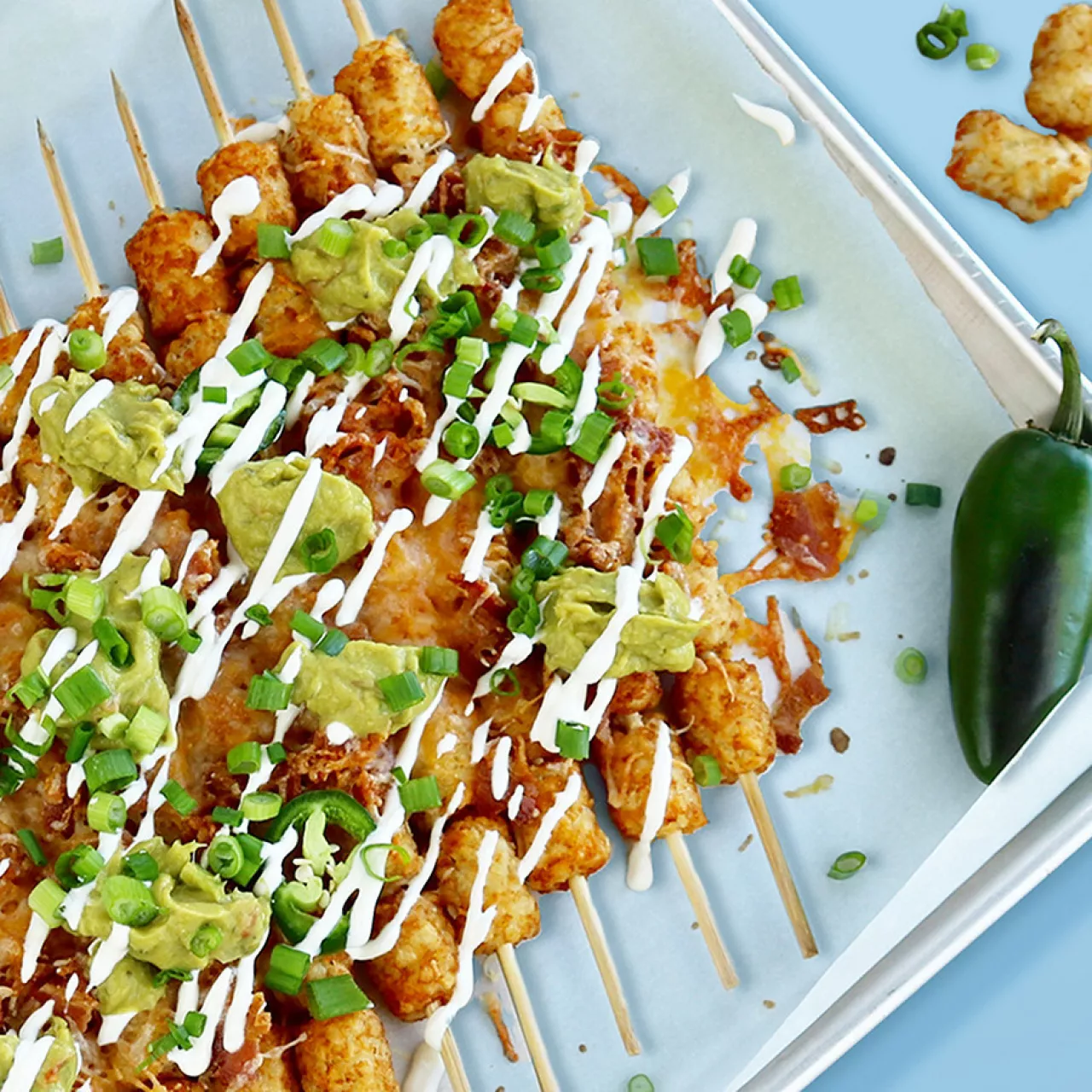 WHOLLY® Loaded Tater Tot Kabobs –Think of it as the portable potato skin dish you never knew you always needed. Easy to build and so fun to enjoy as you cheer for your favorite team. img#2