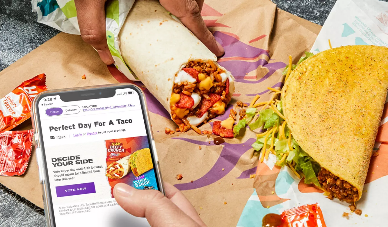 Taco Bell Rewards members can participate in the classic battle of taco versus burrito with a daily in-app vote to decide which menu item will walk away the winner and return to menus for a limited time in 2023. img#1