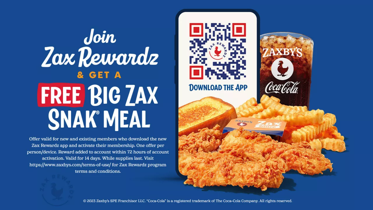 Zaxby’s extends Zax Rewardz incentive with new app downloads. New loyalty program members can enjoy a free Big Zax Snak meal. img#1