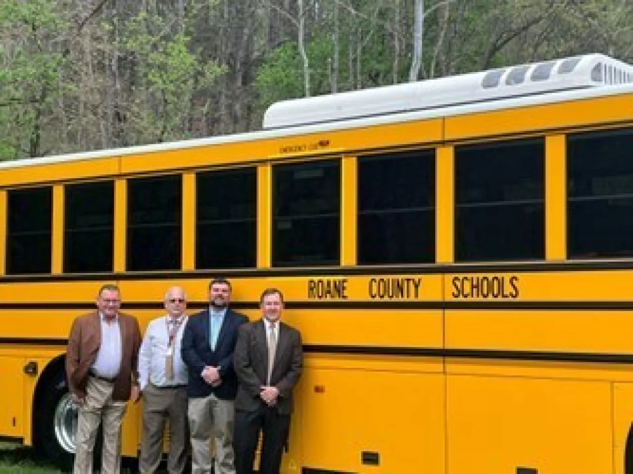 Roane County Schools taking delivery of a GreenPower BEAST all-electric purpose-built school bus. In the photo are GreenPower Motor Vice President Mark Nestlen; Jerry Garner, Director of Operations; Richard Duncan, Superintendent and Jeff Mace, Board of Education President img#3