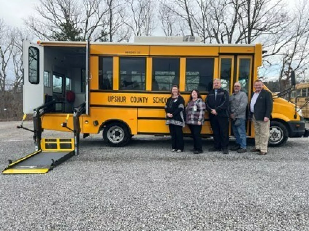 Upshur County Schools taking delivery of a GreenPower Nano BEAST all-electric purpose-built school bus. In the photo are Melinda Stewart, Interim Assistant Superintendent; Stephanie Bennett, Transportation Supervisor; Jeffrey Perkins, Business Manager; Rick Wentz, Chief Mechanic and GreenPower Motor Vice President Mark Nestlen img#1