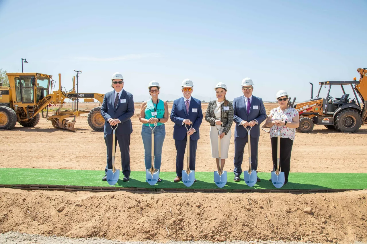 (From left to right) Patrick Gallagher, Southwest Region Partner for Dermody Properties; Donna Winston, City of El Mirage Councilmember; Michael Dermody, Executive Chairman for Dermody Properties; Alexis Hermosillo, City of El Mirage Mayor; Douglas A. Kiersey, Jr., CEO and President for Dermody Properties; and Monica Dorcey, City of El Mirage Councilmember at the groundbreaking for LogistiCenter℠ at Copperwing. img#1