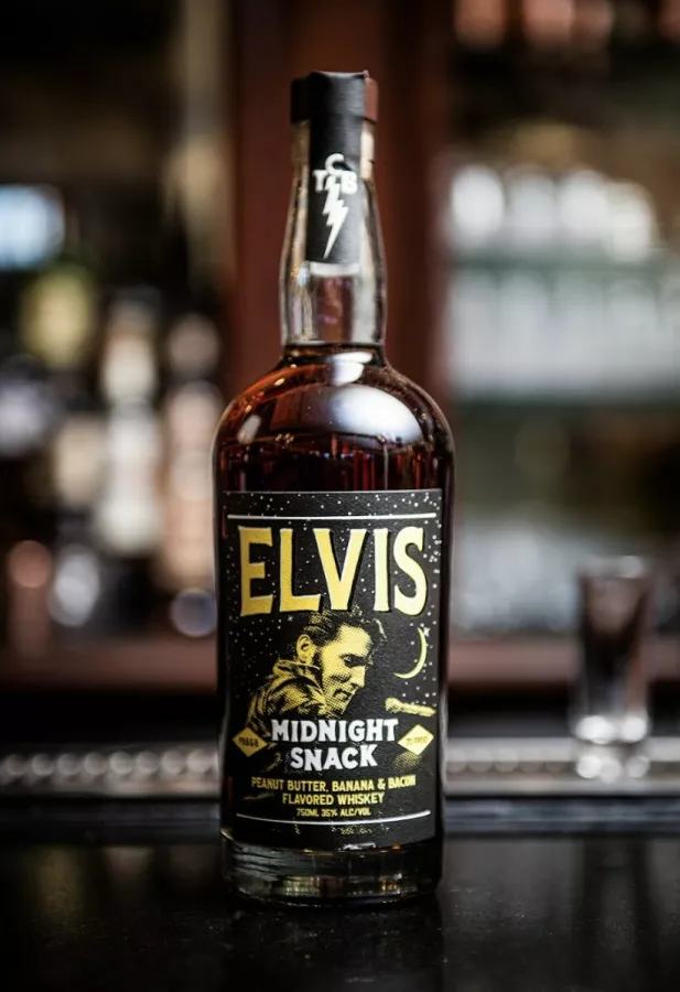 Elvis Whiskey's latest release- Midnight Snack, a peanut butter, banana and bacon-flavored whiskey. img#1