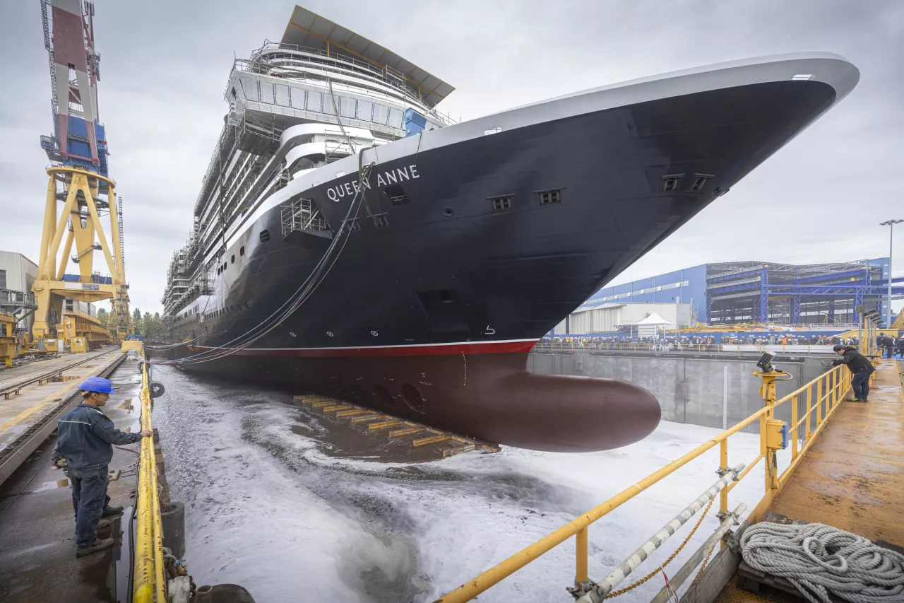 Today, the world’s most iconic luxury cruise brand Cunard celebrated a momentous construction milestone with the float out of their fourth ship, Queen Anne. (Cunard) img#1