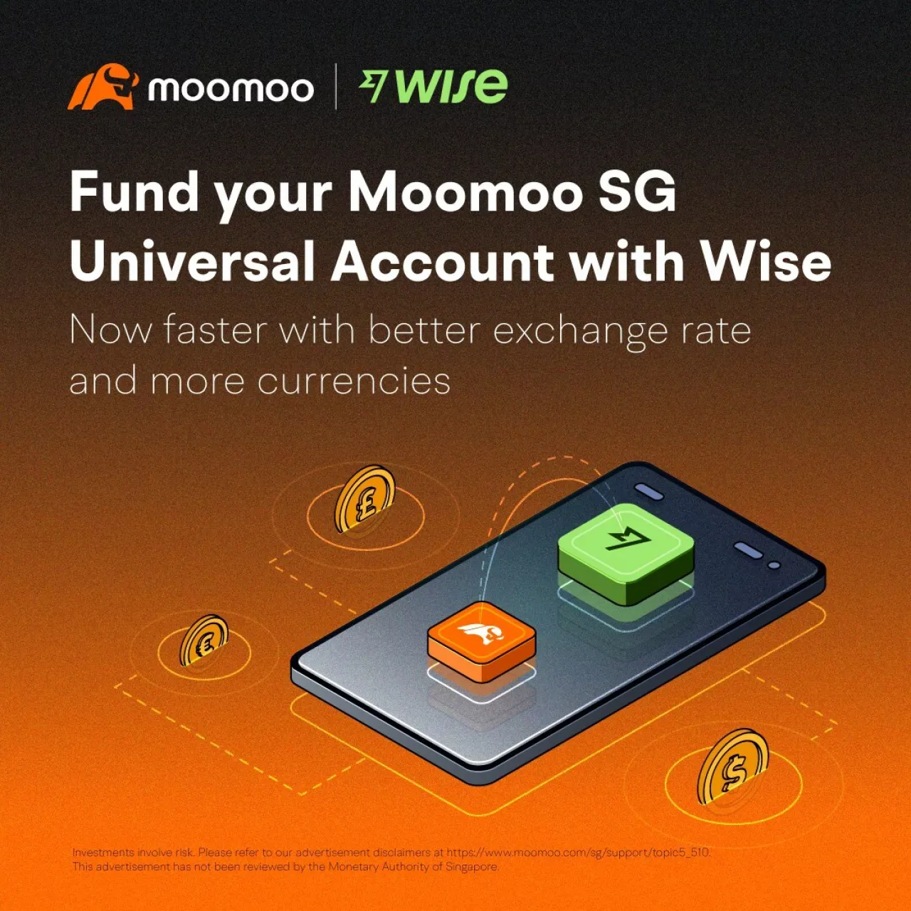 Moomoo Singapore users can now choose to deposit through Wise, which enables them to convert their local currency to Singapore Dollars at the real mid-market exchange rate, free from hidden fees and mark-ups. img#1
