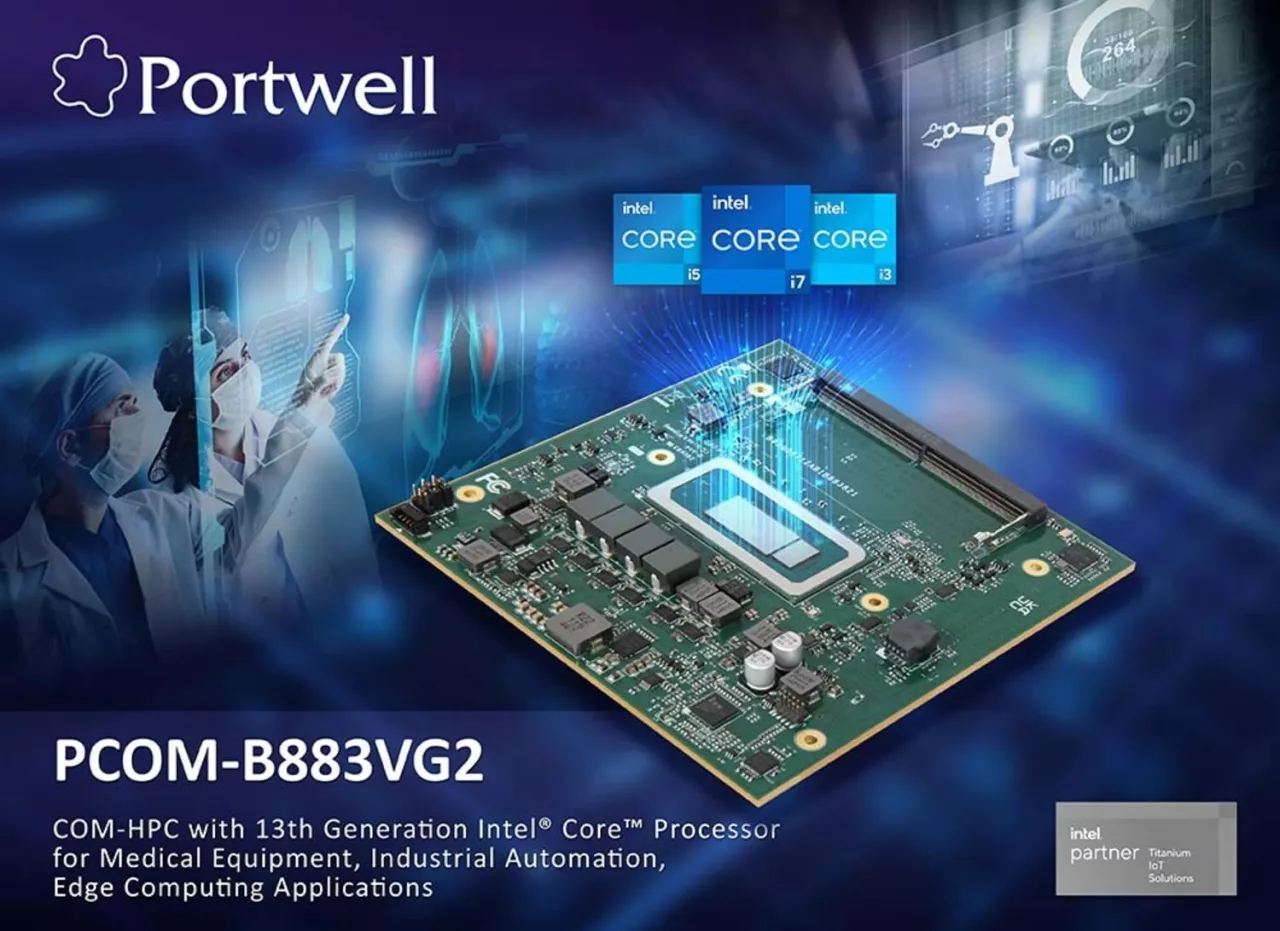 Portwell COM-HPC client type size B module with 13th Gen Intel Core™ processor for medical equipment and industrial control solutions. img#1