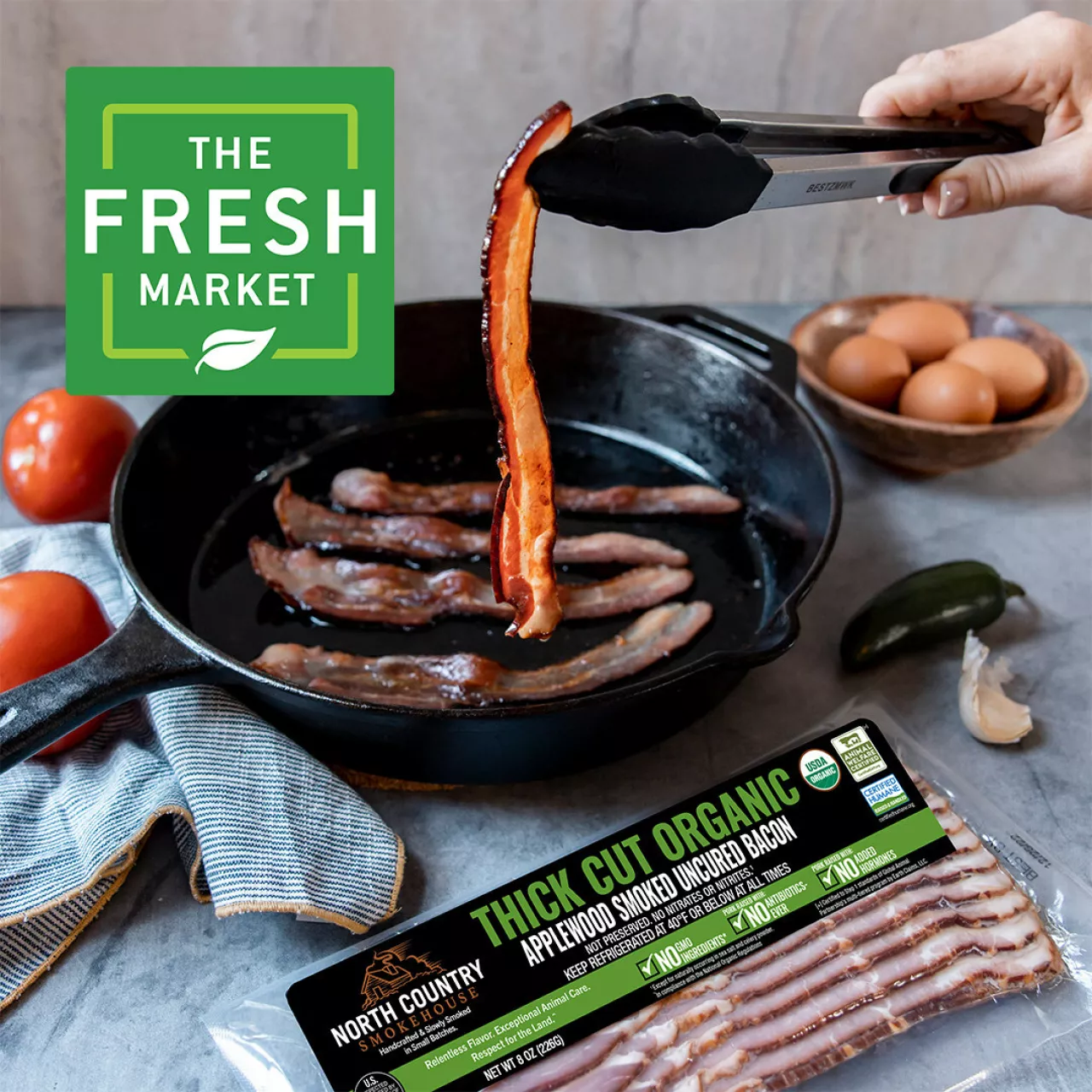New Organic Thick Cut Applewood Smoked Bacon produced by North Country Smokehouse is now available at The Fresh Market. img#1