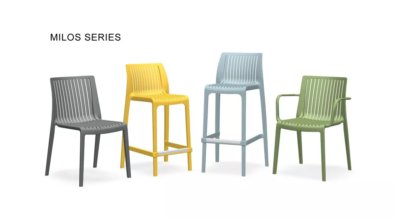 Introducing the Milos Series, a line of chairs and tall stools that feature a sleek and modern slatted design, perfect for both indoor and outdoor spaces. Made of high-quality polypropylene, these pieces are durable and able to withstand harsh weather conditions without losing their vibrant color. img#2