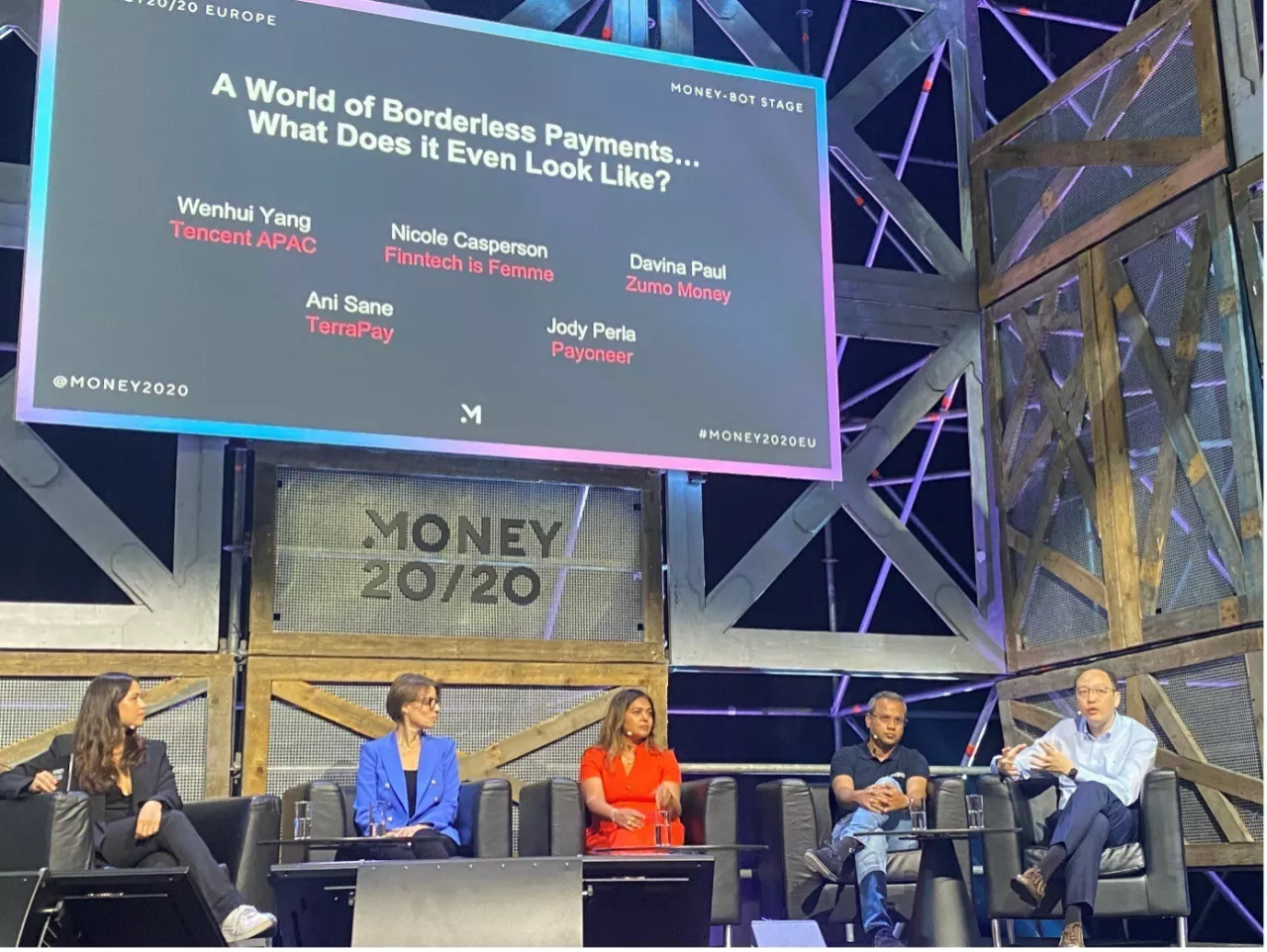 Wenhui Yang (far right), Deputy Managing Director of Business Development at Tenpay Global, joins a panel discussion with fintech industry peers on "What Will A World Without Borders Look Like?" at Money 20/20 Europe. img#1