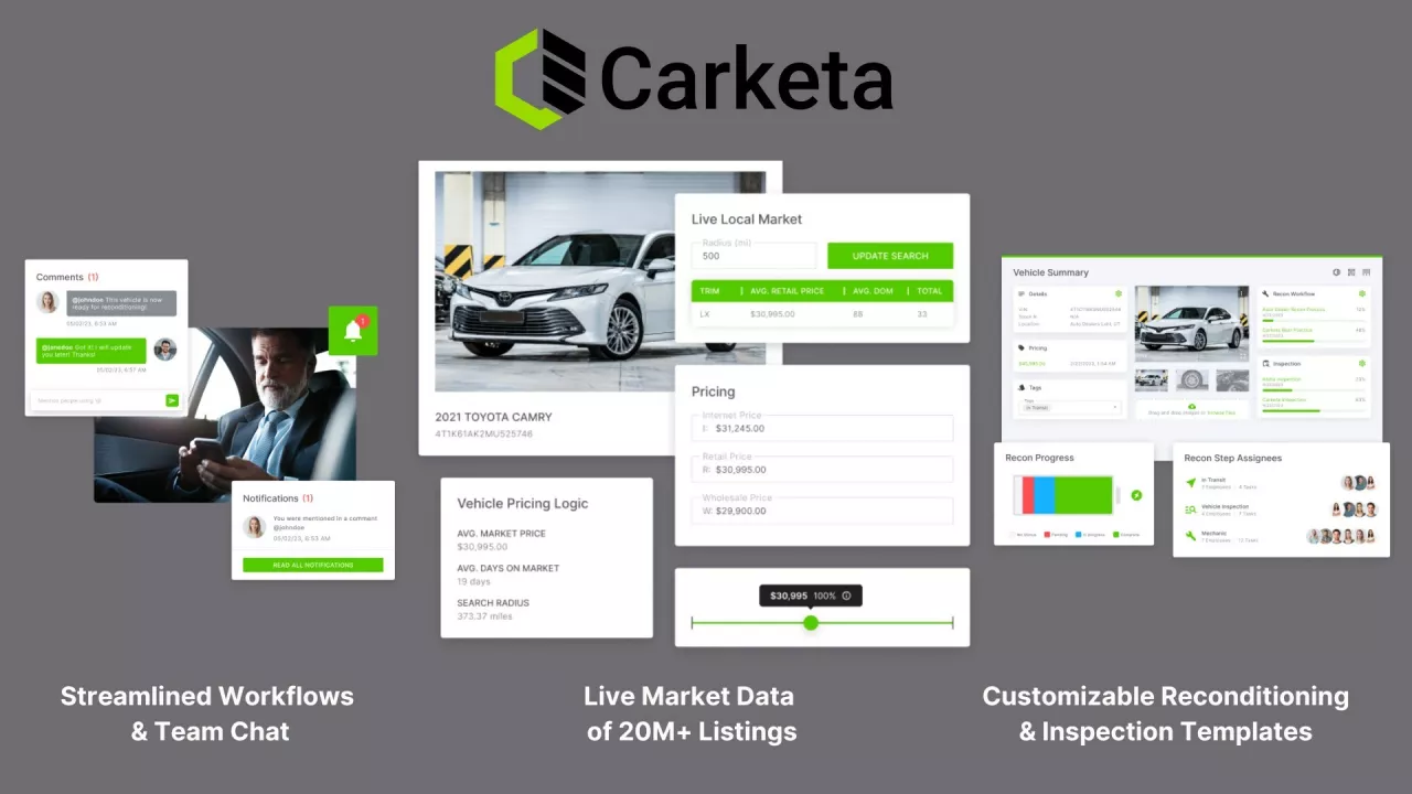 Carketa's new platform includes the customizable reconditioning and inspection templates users love, plus new Appraisal & Pricing features leveraging live market data and an easy-to-use interface. img#1